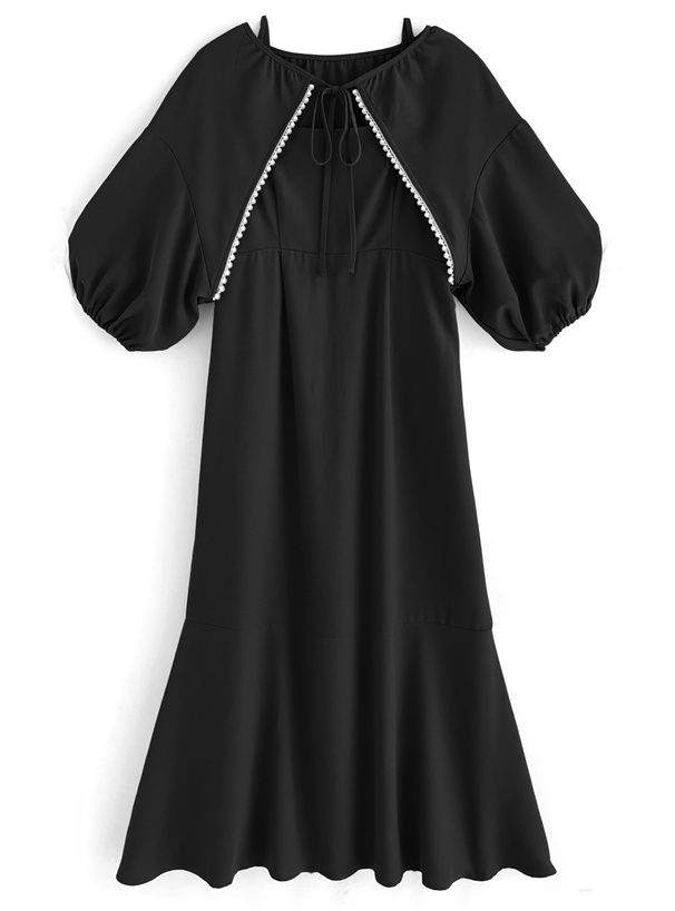 日本 GRL - 優雅蕾絲滾邊泡泡袖兩件式洋裝-煙燻藍 (F)