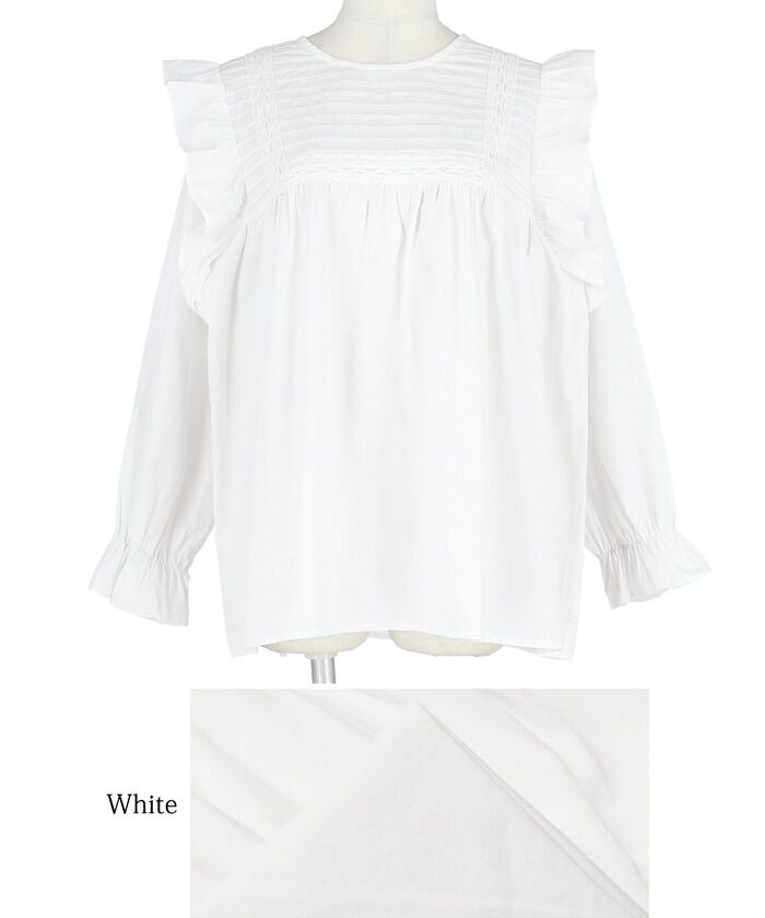 日本 COCA - 古典荷葉邊糖果袖寬鬆長袖上衣-白