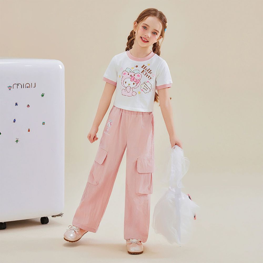 純棉短袖上衣+工裝長褲套裝-卡通人物Hello Kitty-粉色