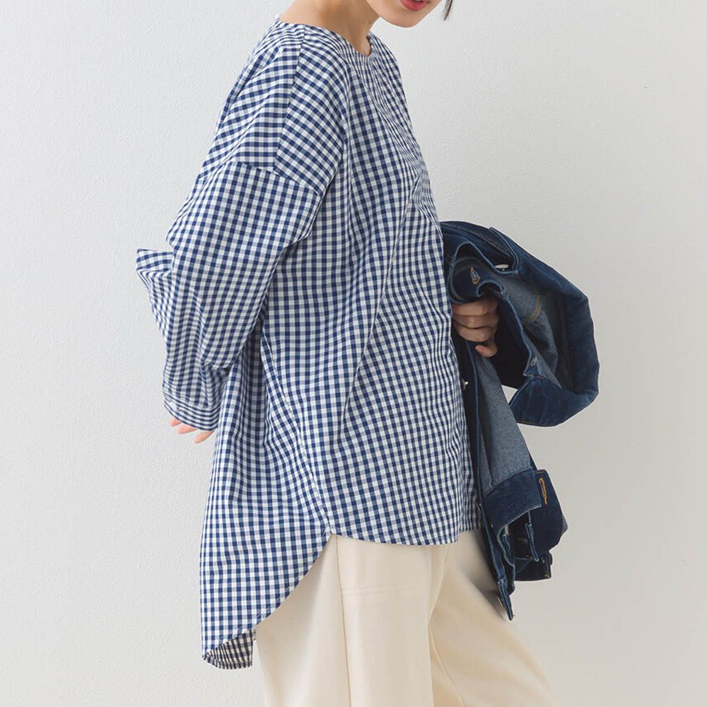 圓弧優雅前短後長修身船領長袖上衣-格子-海軍藍