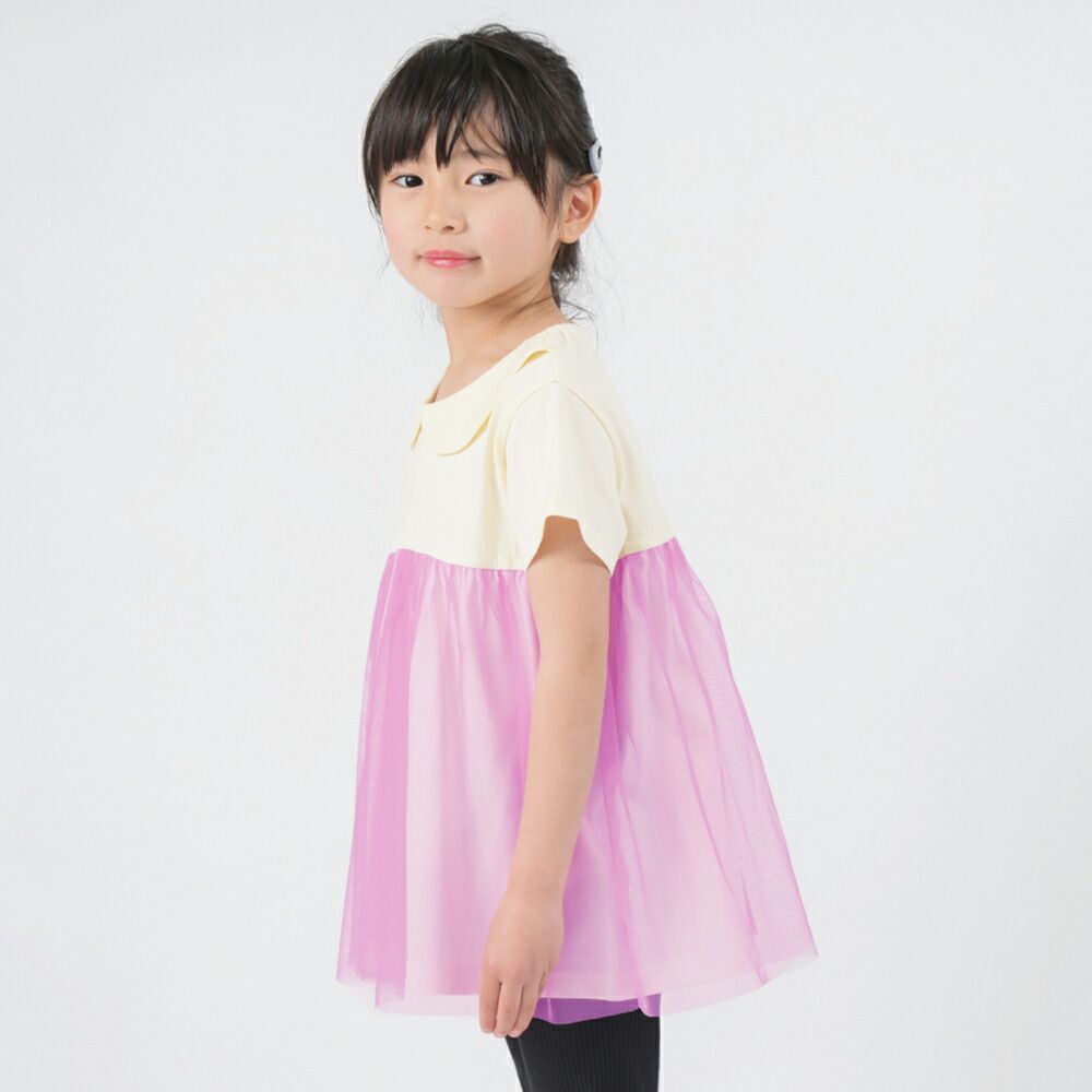 日本 evercloset - 甜美雙層紗娃娃領短袖上衣-粉橘