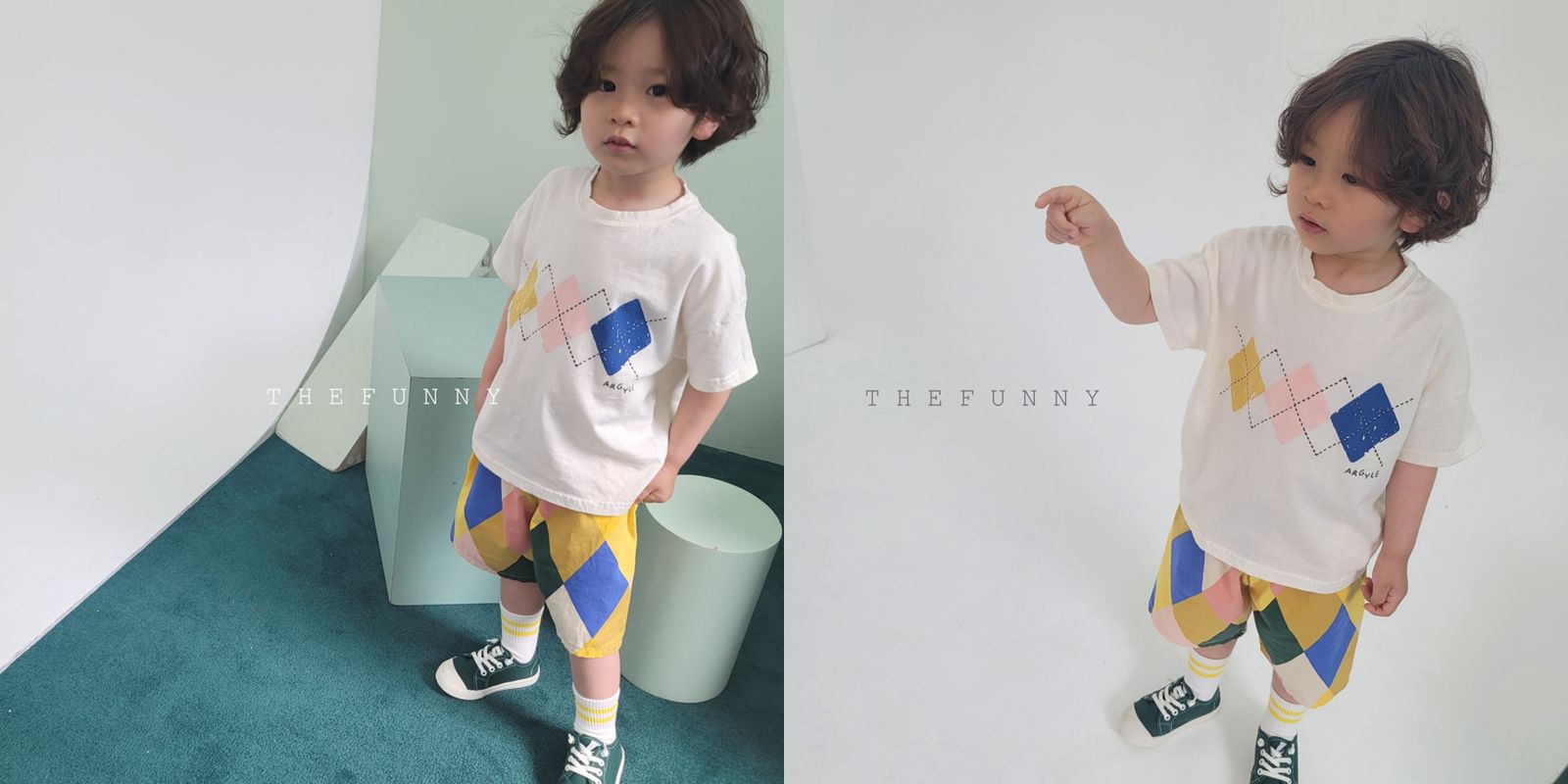 韓國 The Funny - 三色菱形純棉T-象牙白