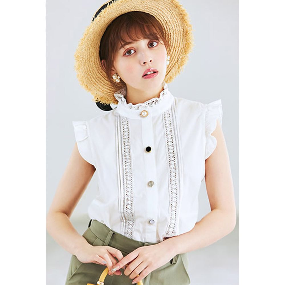 日本 GRL - 不規則排扣蕾絲小飛袖無袖襯衫-天使白 (M)