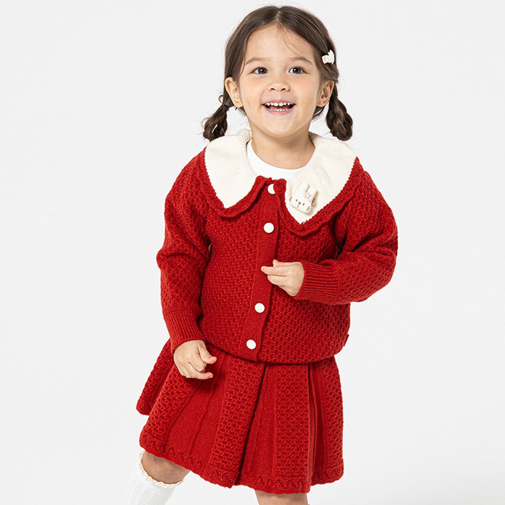 玩偶裝飾針織外套X百褶傘裙套裝-紅