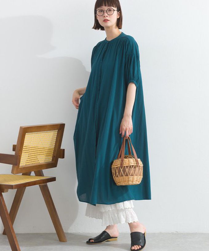 日本 Lupilien - 100%印度棉 輕盈巴里紗襯衫洋裝-藍綠