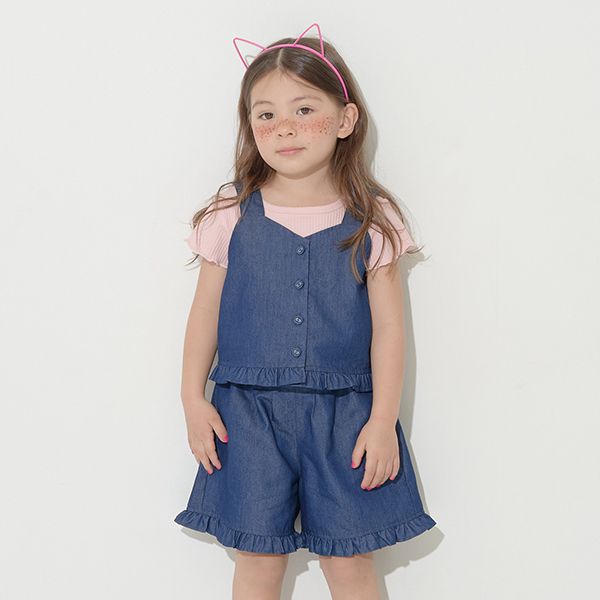 日本 Lycee mine - 甜美又帥氣荷葉短褲套裝-水藍