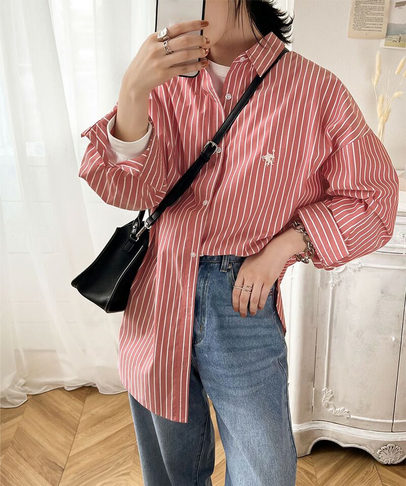 日本 Classical Elf - 胸前刺繡直條紋長袖襯衫-水藍