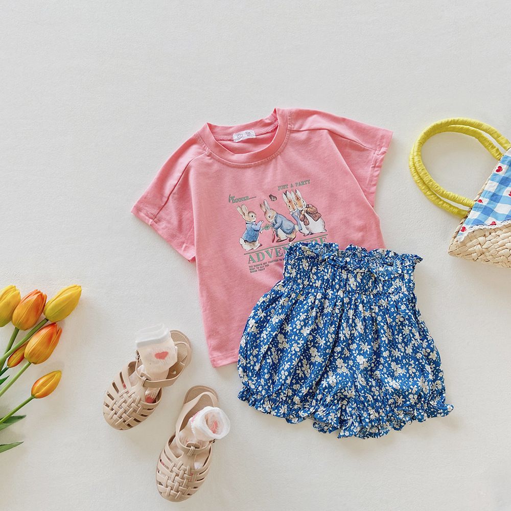 腰鬆緊休閒碎花燈籠短褲-小碎花-黑+白