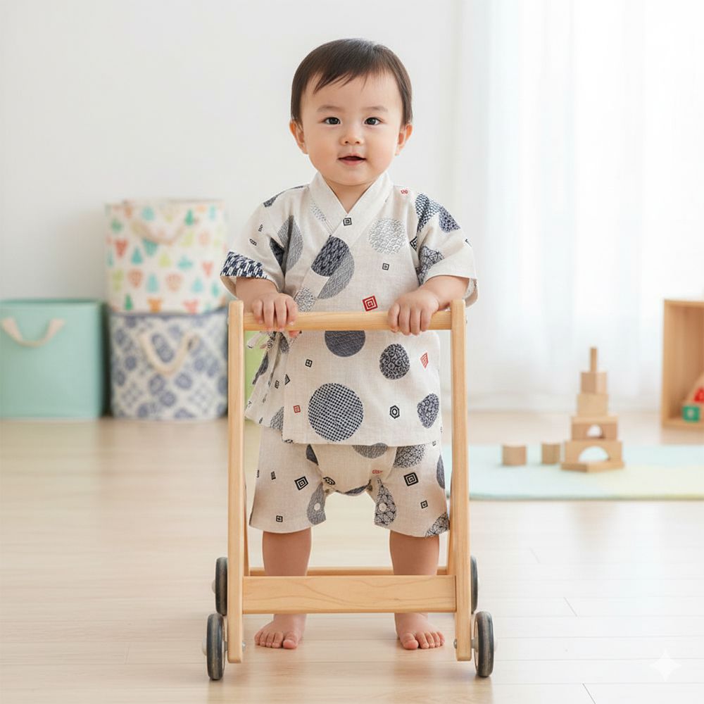 幼兒兩件式甚平-圓形和風圖案-米白色