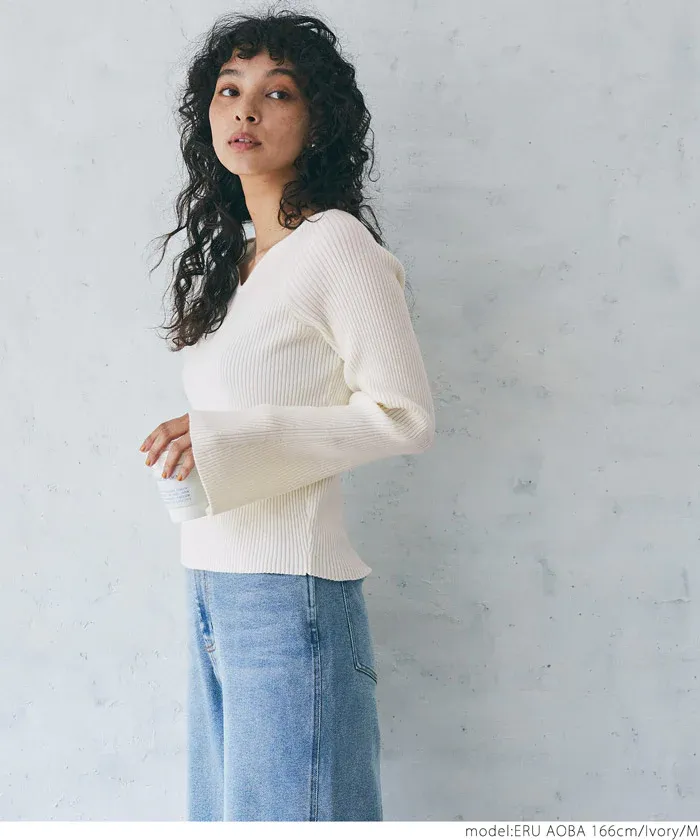 日本 COCA - 不規則領羅紋彈性上衣-黑