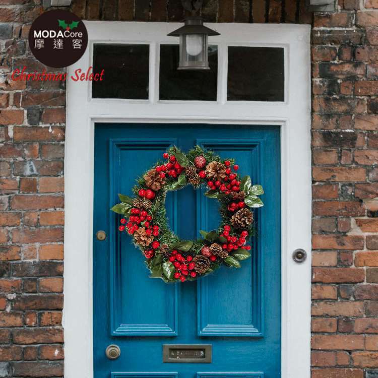 MODACore 摩達客 - 摩達客耶誕-台製歐風典雅14吋大地盛宴紅球果松果聖誕花圈_福臨圈(免組裝/台灣設計手工藝製)