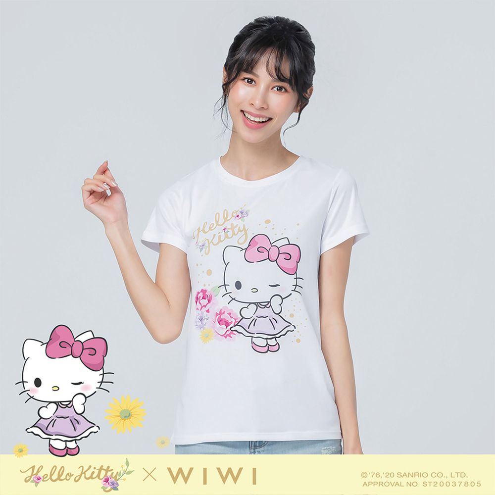 WIWI - 短版-玫瑰Hello Kitty防曬排汗涼感衣-女-純淨白