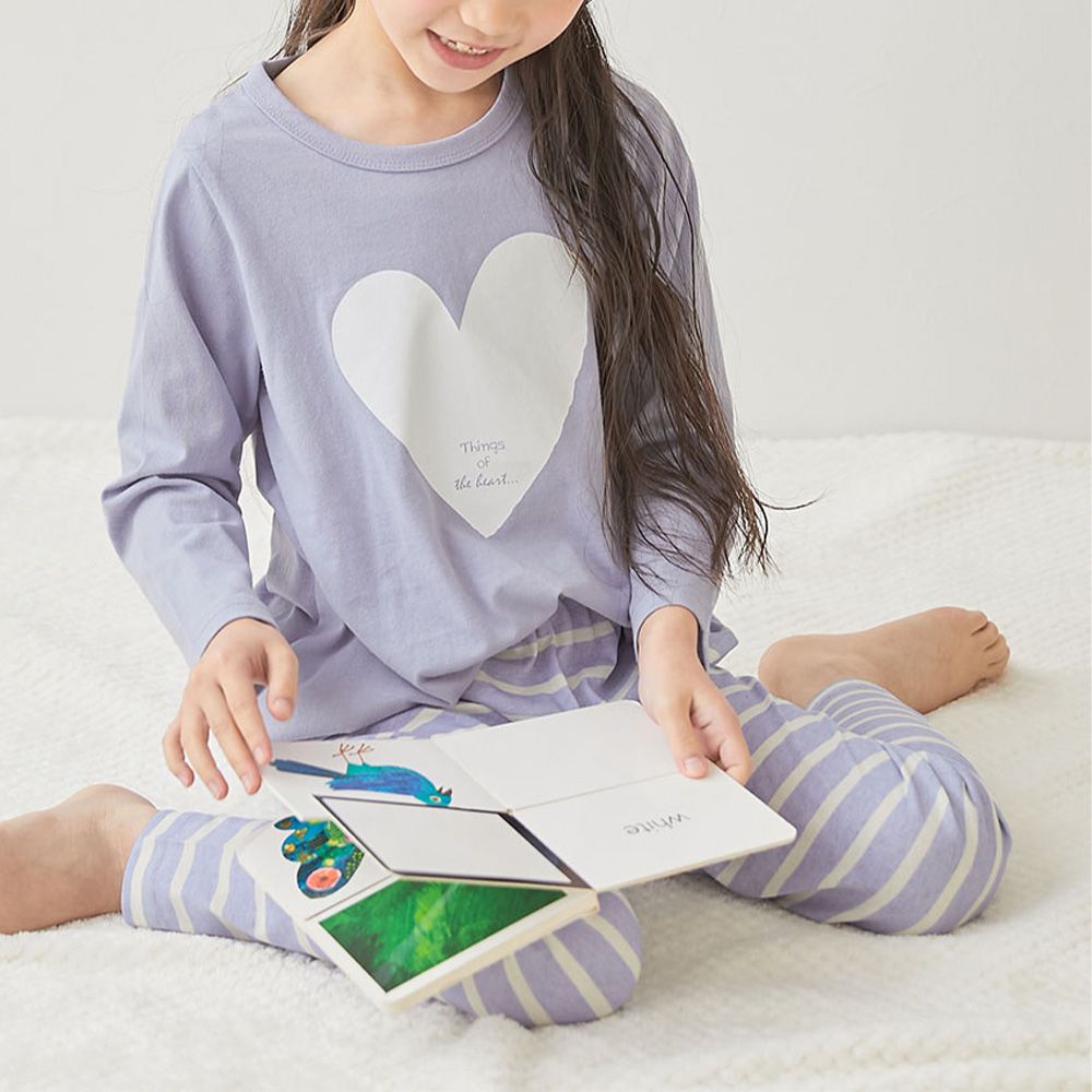 100%棉 高腰長袖家居服套裝-愛心條紋-紫