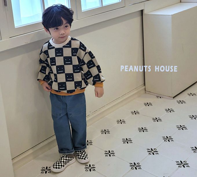 韓國 Peanuts House - 格紋方型臉印長袖針織上衣-黑X卡其