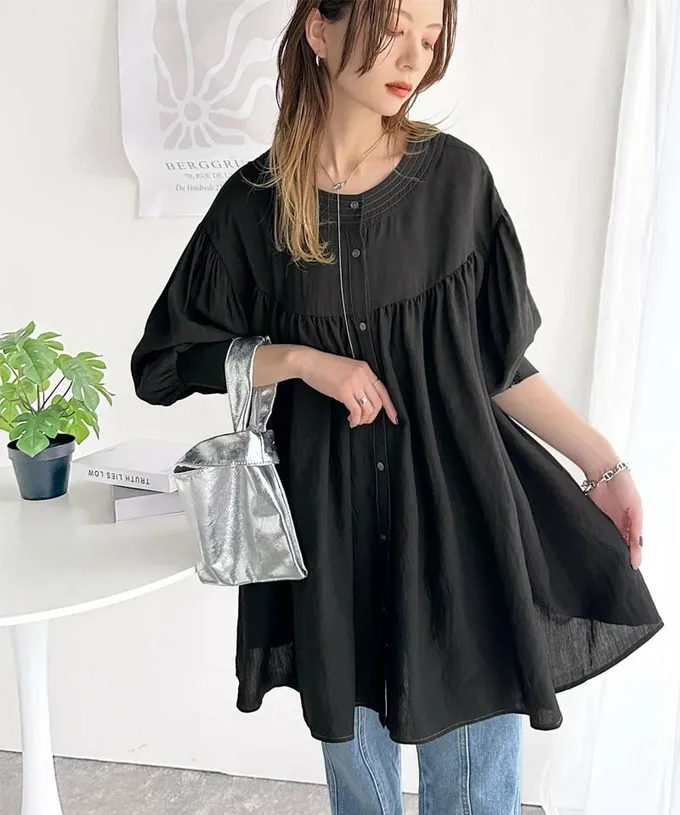 日本 Classical Elf - 前後2way飄逸感澎澎七分袖襯衫-粉紅