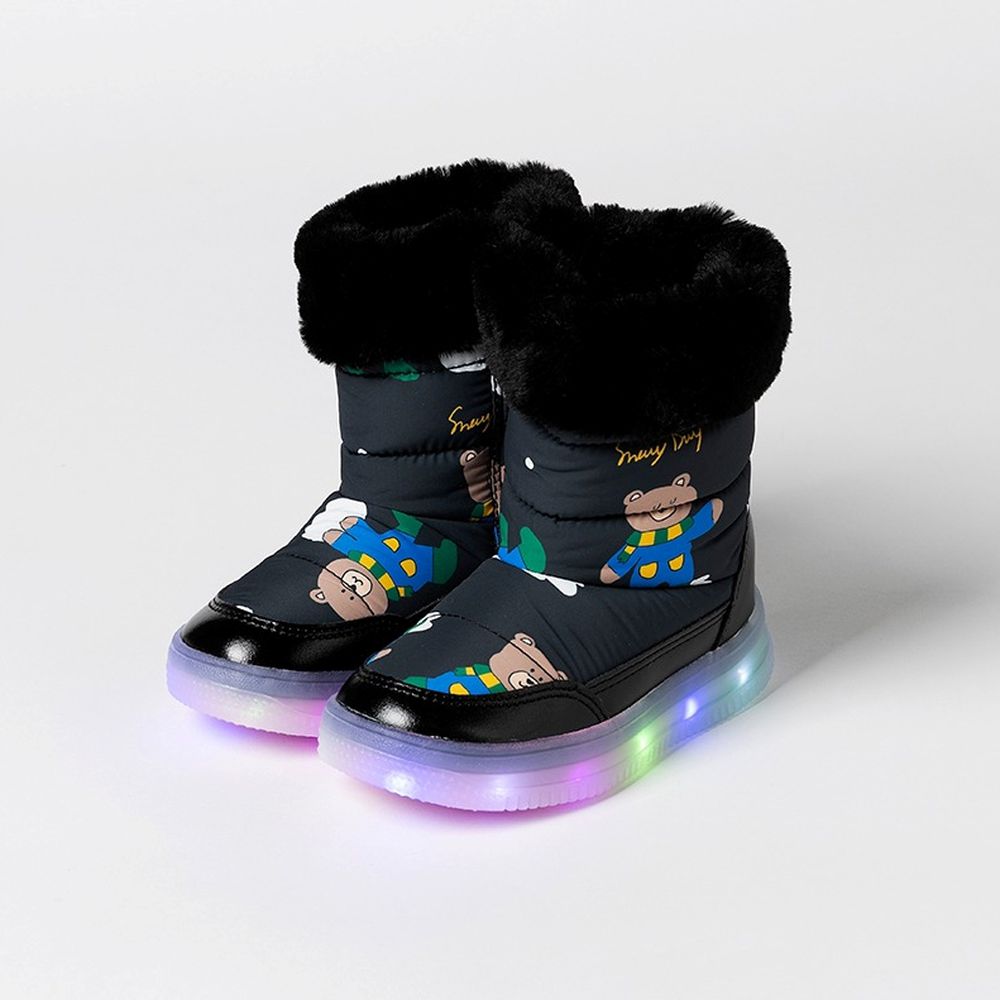 (LED)生活防水側拉鍊內刷毛雪靴-熊熊-黑