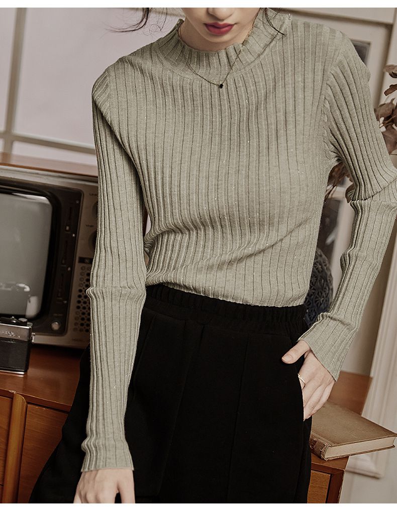 優雅百搭坑條修身針織上衣-燕麥色