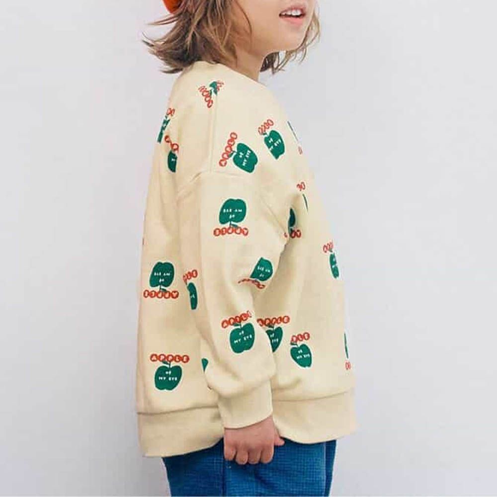 100%棉 繽紛感印花縮口長袖上衣-蘋果-奶白