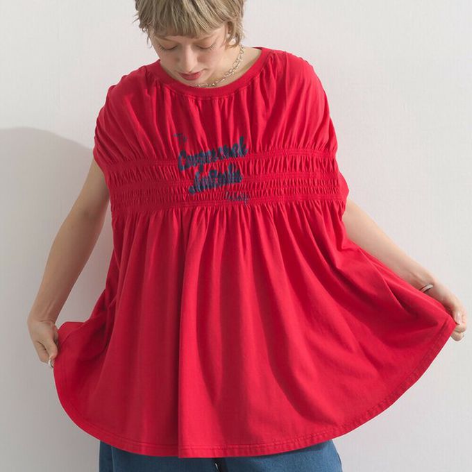 日本 le colis - 清爽天竺棉落肩皺摺短袖上衣-寶石綠