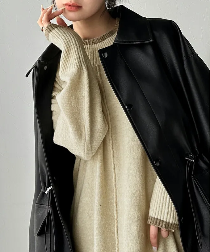 日本 Classical Elf - 溫暖滾邊小立領優雅針織長袖洋裝-黑