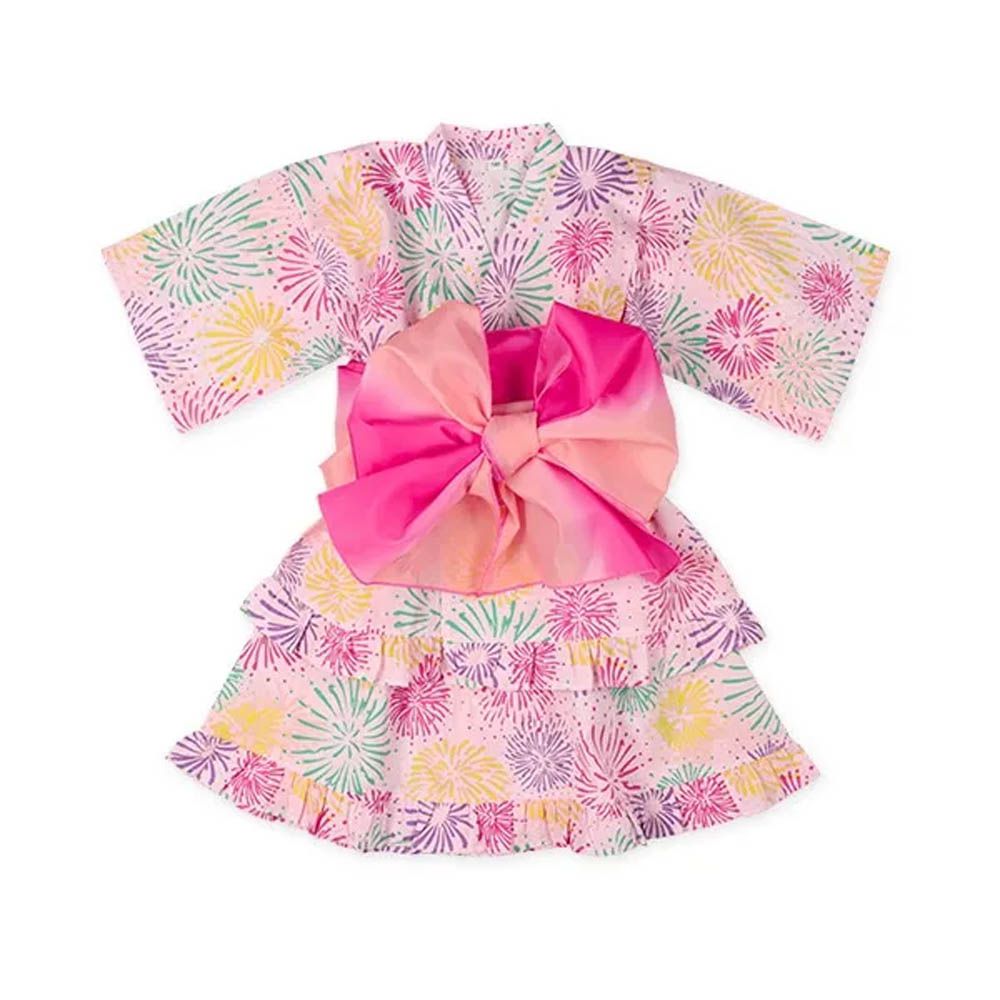 100%棉 夏季限定甚平短裙套裝（附腰帶）-煙火-粉紅