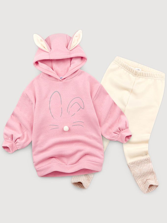 韓國 Jelispoon - 可愛兔子連帽長版套裝(內刷毛)-紫X灰