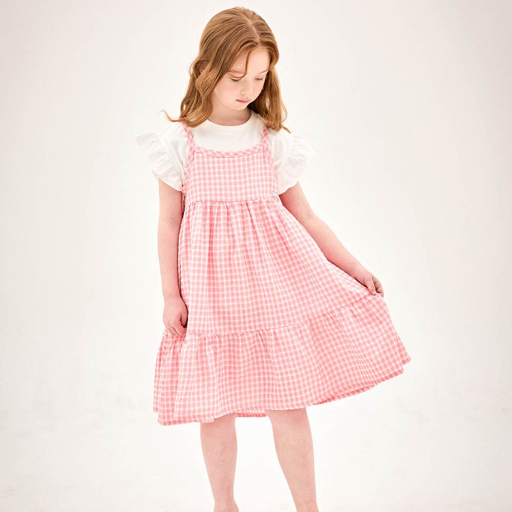 柔美格紋細肩帶拼接洋裝-粉