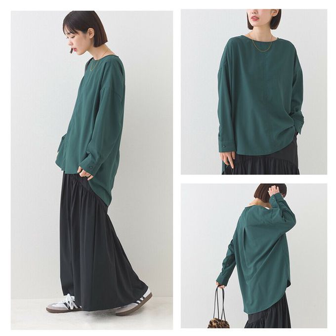 日本 OMNES - 圓弧優雅前短後長修身船領上衣-淺杏