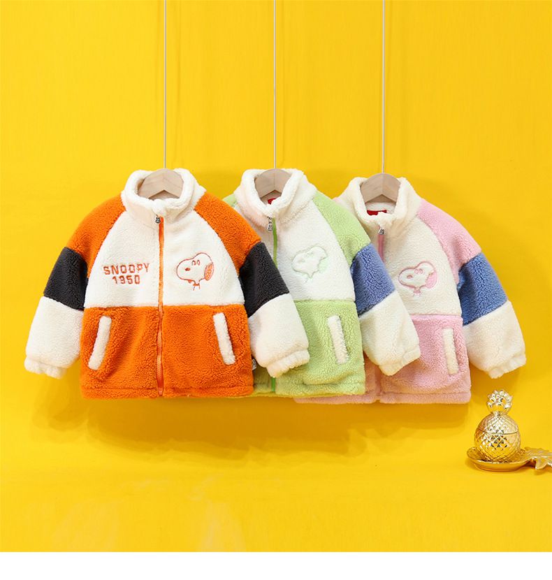 卡通人物史努比羊羔絨半高領拼色外套-SNOOPY刺繡-橘色