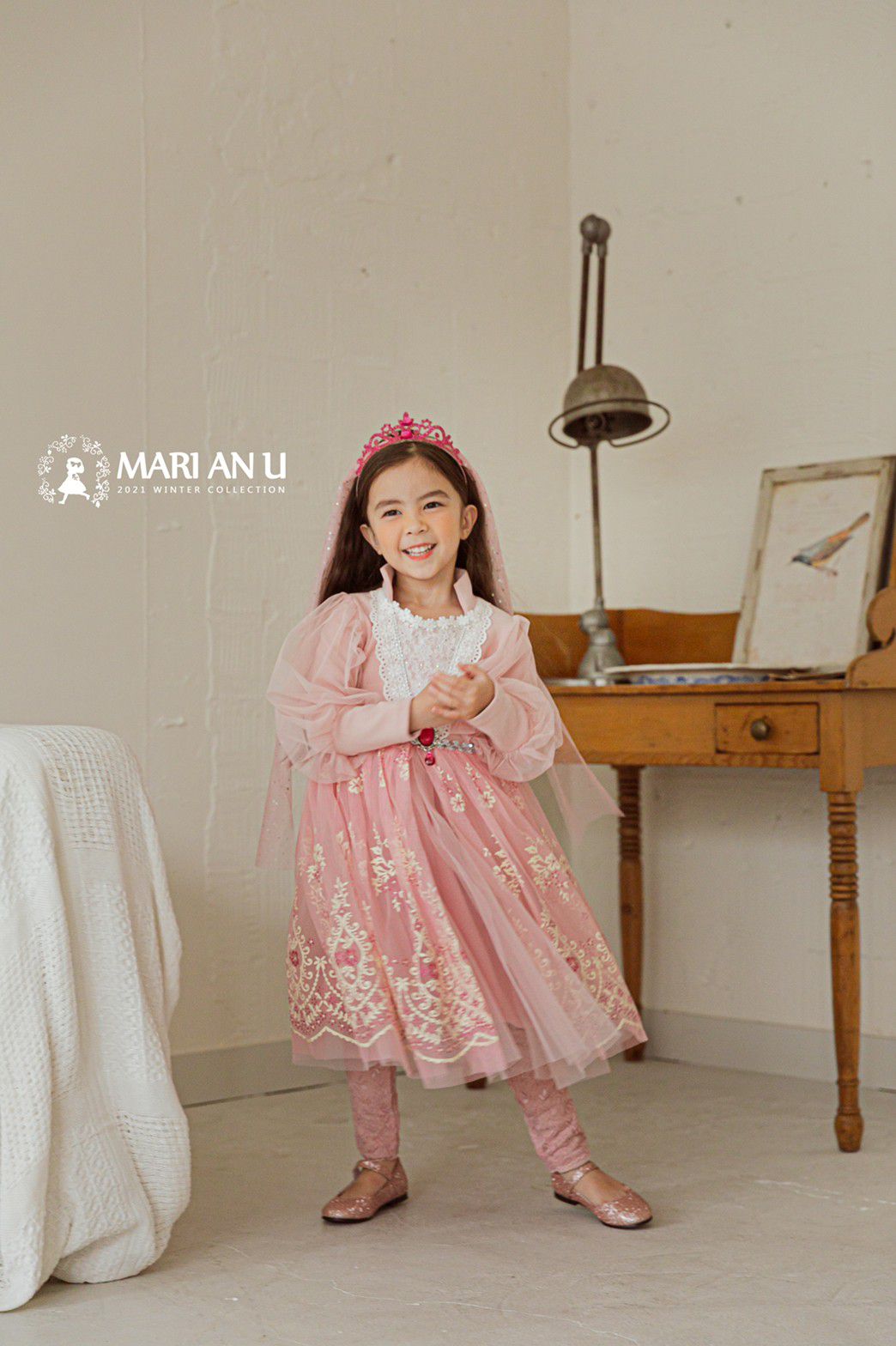 韓國 Mari an u - 冰晶公主網紗泡泡袖洋裝-粉紅