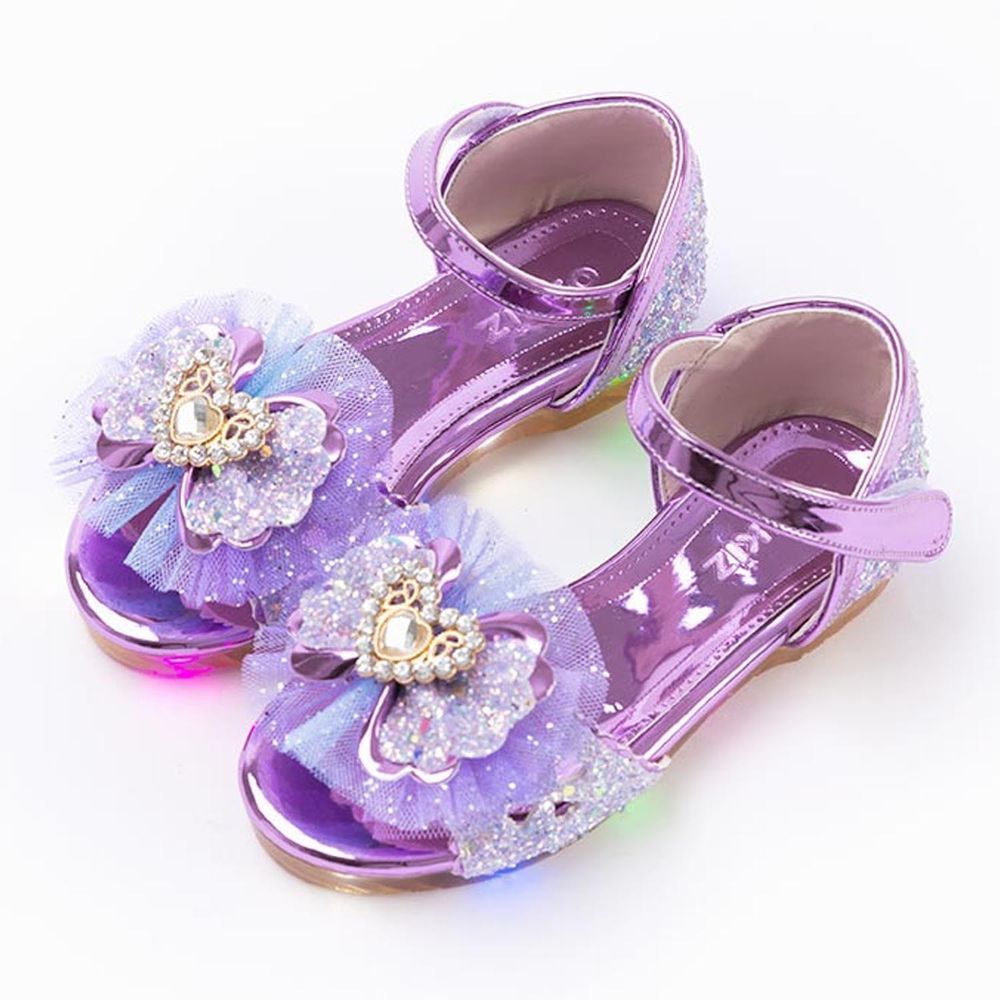 韓國 OZKIZ - (LED燈)紫色愛心閃亮蝴蝶結魔鬼氈涼鞋