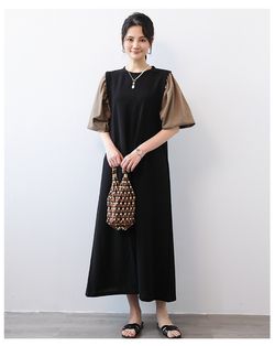 Yukié - 日系拼接假兩件泡泡袖洋裝-咖啡色