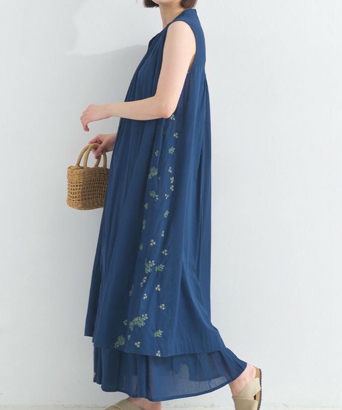 日本 Lupilien - 100%印度棉 優美植物側邊刺繡無袖洋裝-薄荷