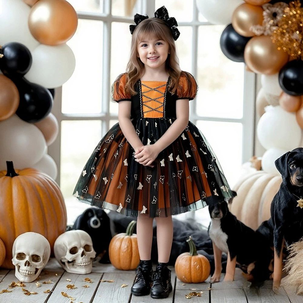 泡泡袖造型公主網紗澎澎裙-黑x橘