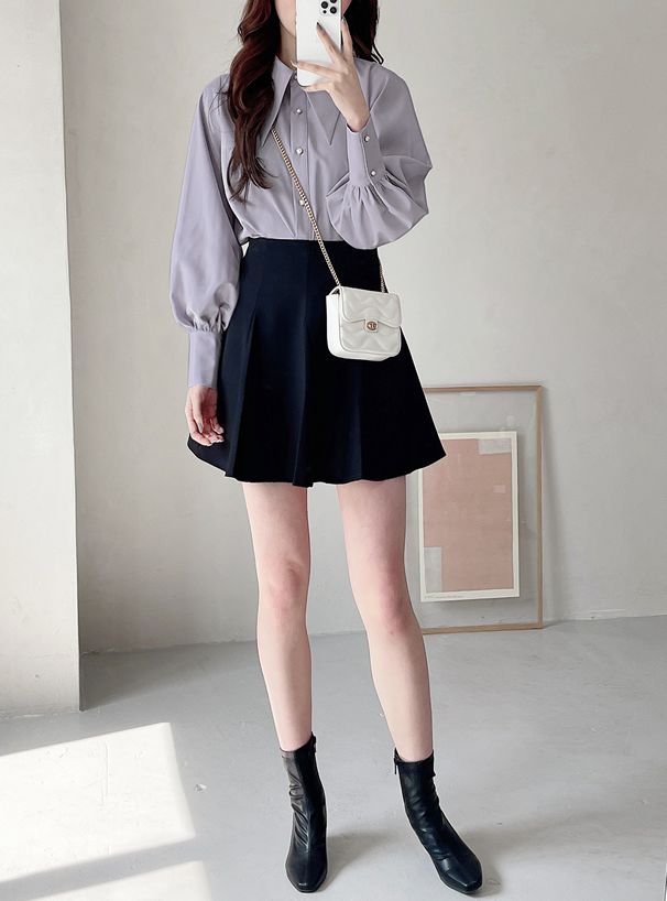 日本 GRL - 光澤感精靈領泡泡袖襯衫-淺米杏