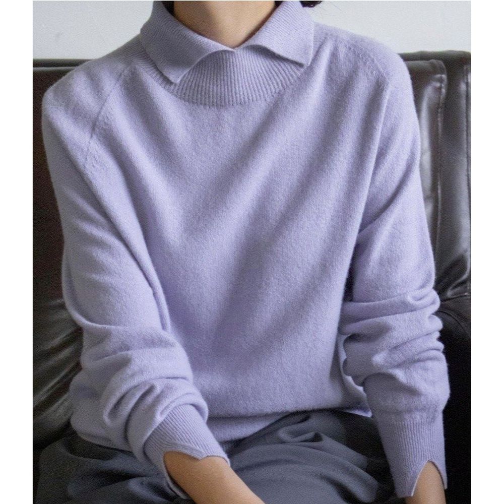 喀什米爾超細羊毛無縫翻領長袖針織上衣-薰衣草紫 (FREE)