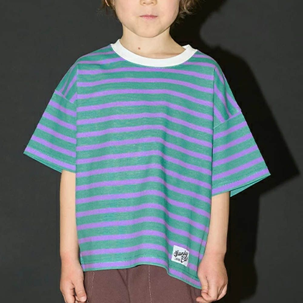 柔軟不易皺條紋落肩短袖上衣-綠x紫