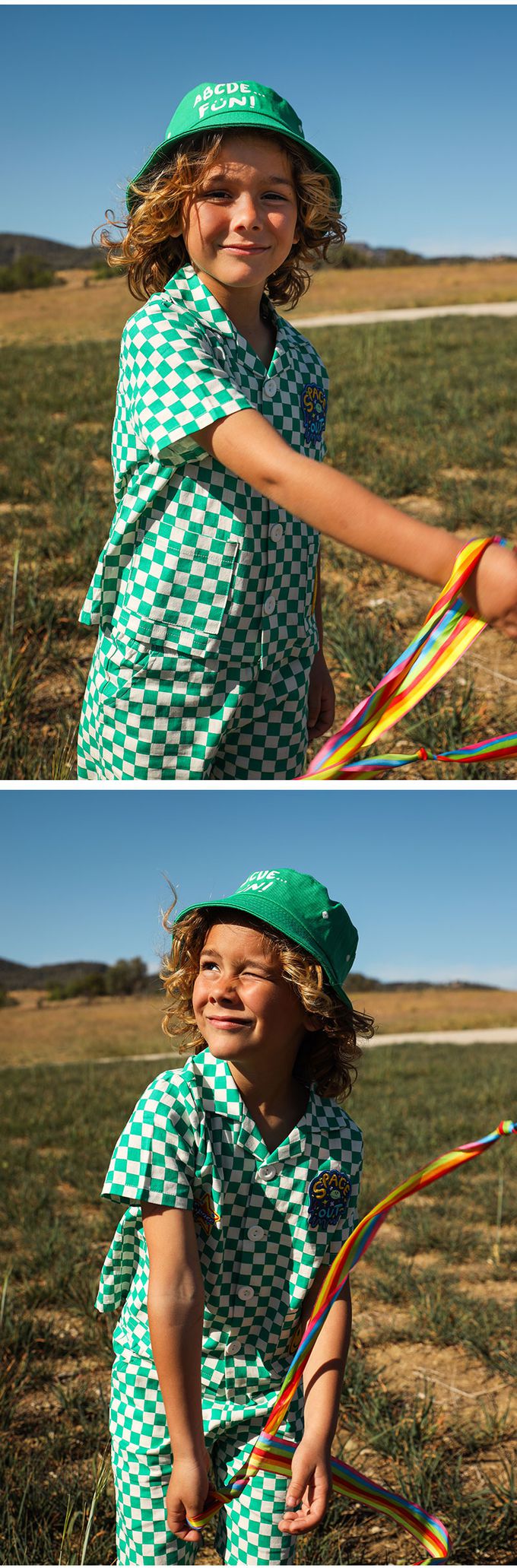 韓國 OZKIZ - 圖章點綴格紋短袖套裝-綠