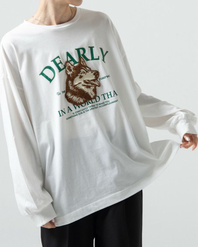 日本 gleam - 相良刺繡哈士奇印花帥氣長袖T恤-炭黑