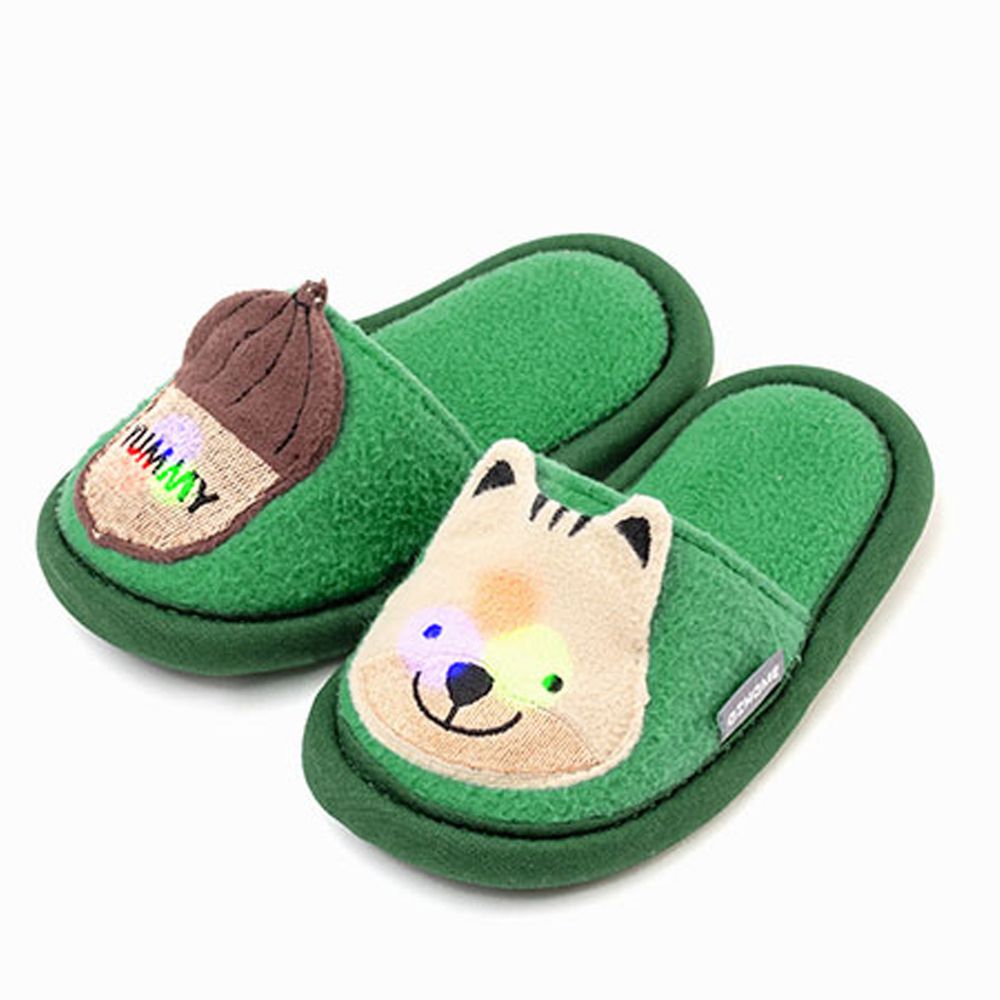 韓國 OZKIZ - 消音防滑室內鞋-LED閃耀動物款-綠色松鼠