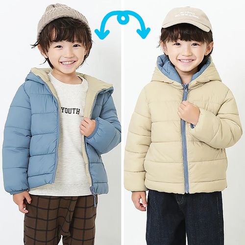 日本 devirock - 兩面穿科技羽絨鋪棉保暖連帽外套-藍x杏