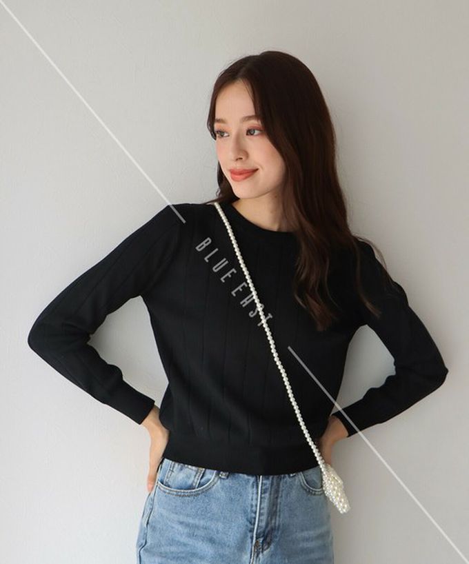 日本 BLUE EAST - 圓領粗坑條長袖針織上衣-酒紅