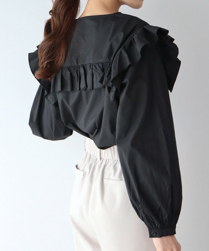 日本 BLUE EAST - 青澀回憶荷葉邊長袖襯衫-湖水綠