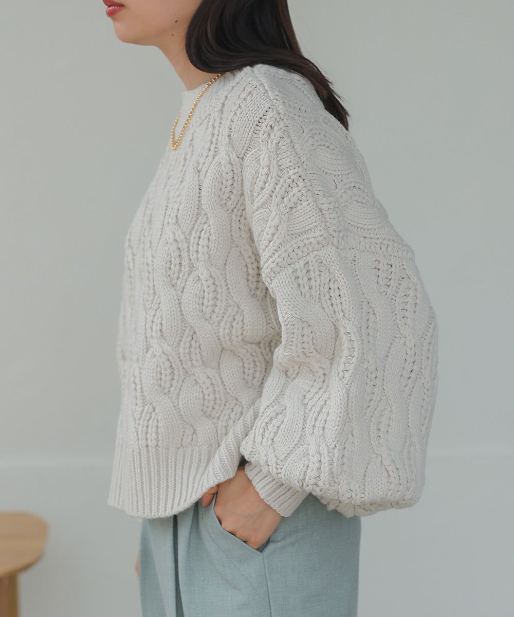 日本 Bab - 麻花編織圓領泡泡袖毛衣-粉膚