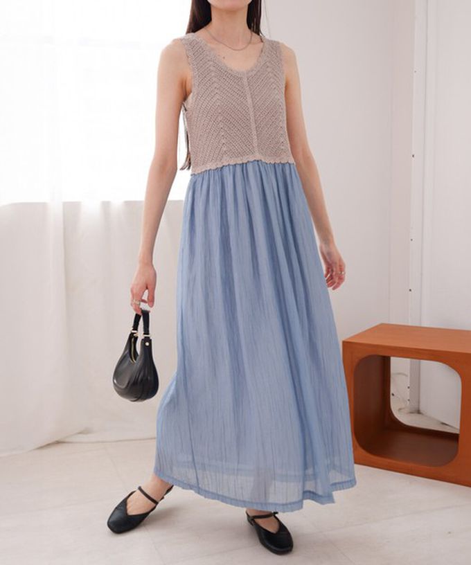 日本 Bab - 夏日氛圍鉤針縐紗背心裙-藍x棕