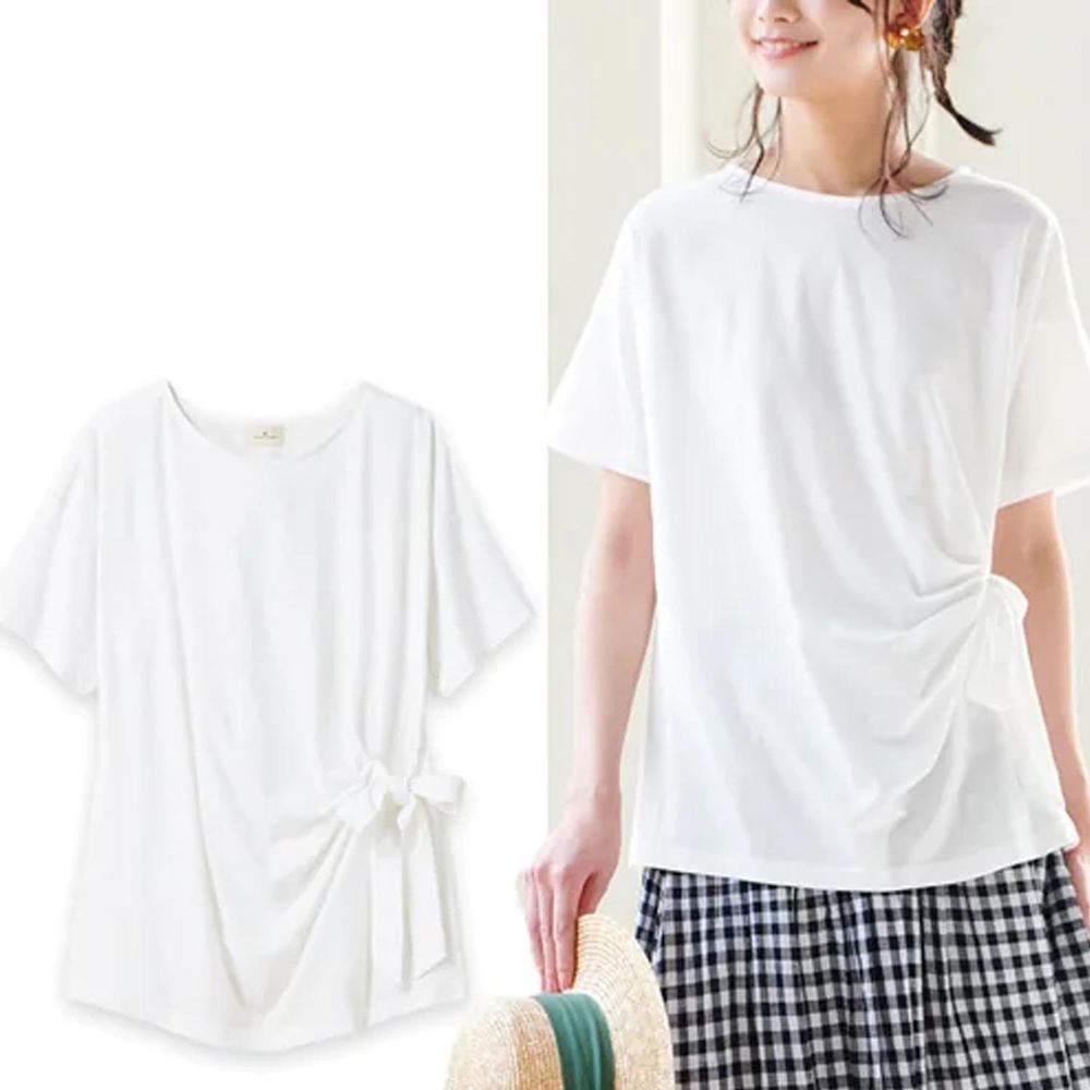 日本 BELLUNA - 防曬涼感 五機能側腰綁帶短袖上衣-白