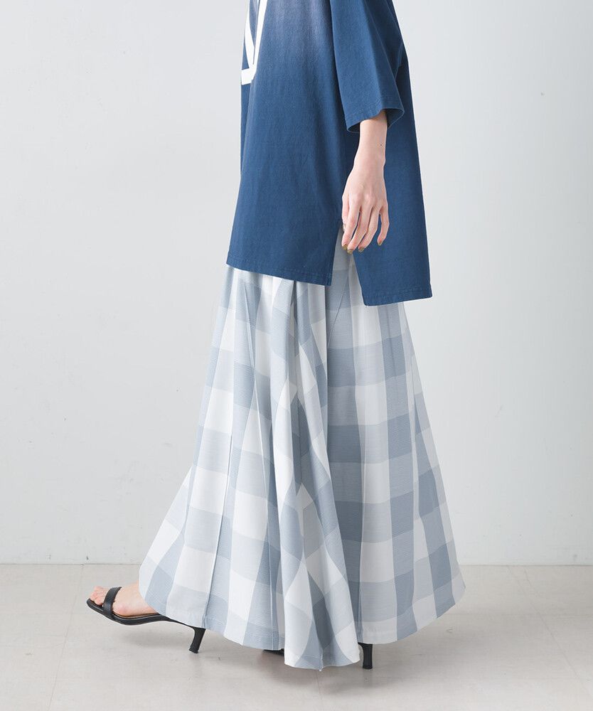 日本女裝代購 - 文藝大格紋修身長裙-淺灰藍