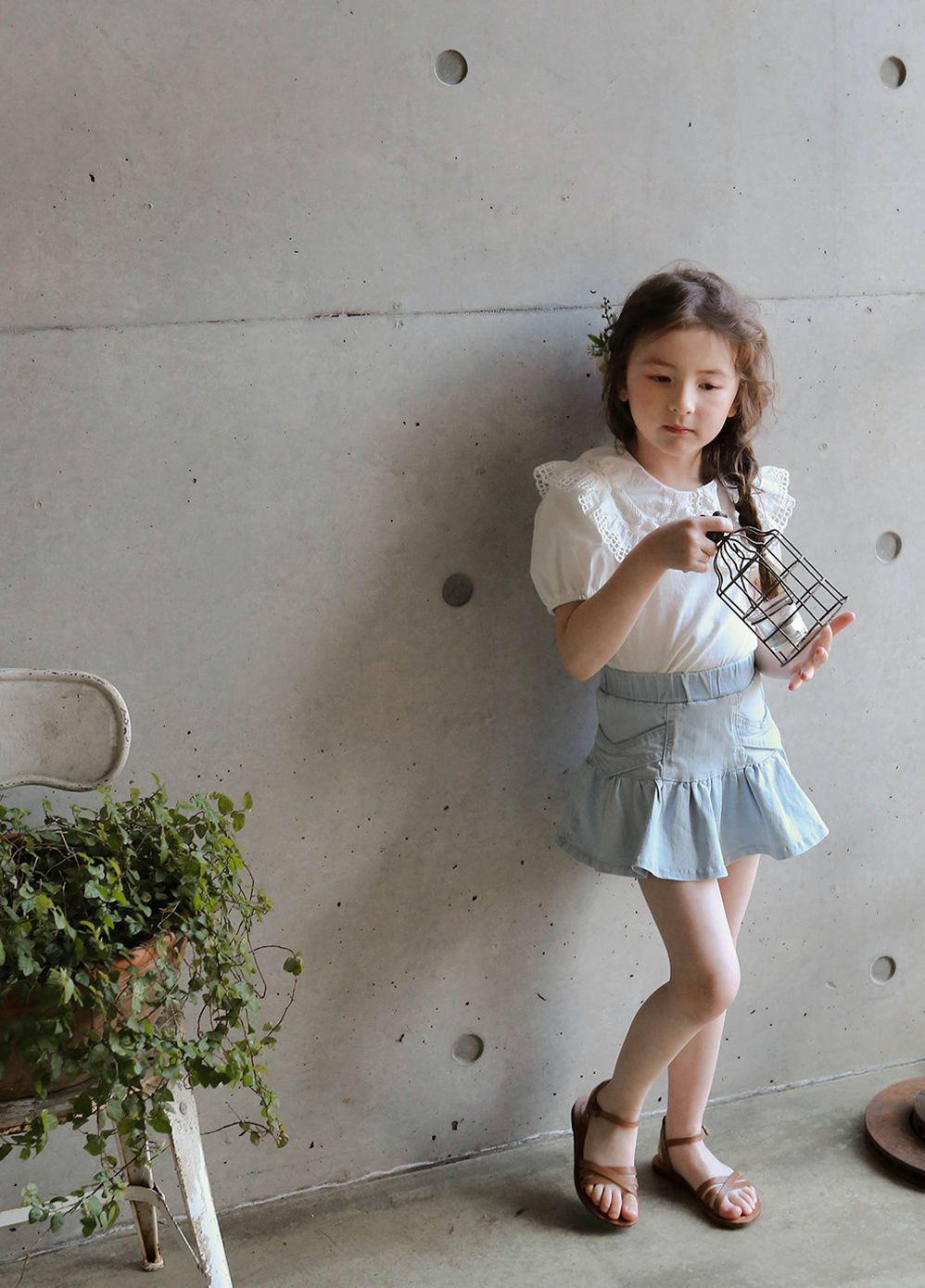 韓國 PuellaFLO - 鏤空格子大白領上衣-象牙白