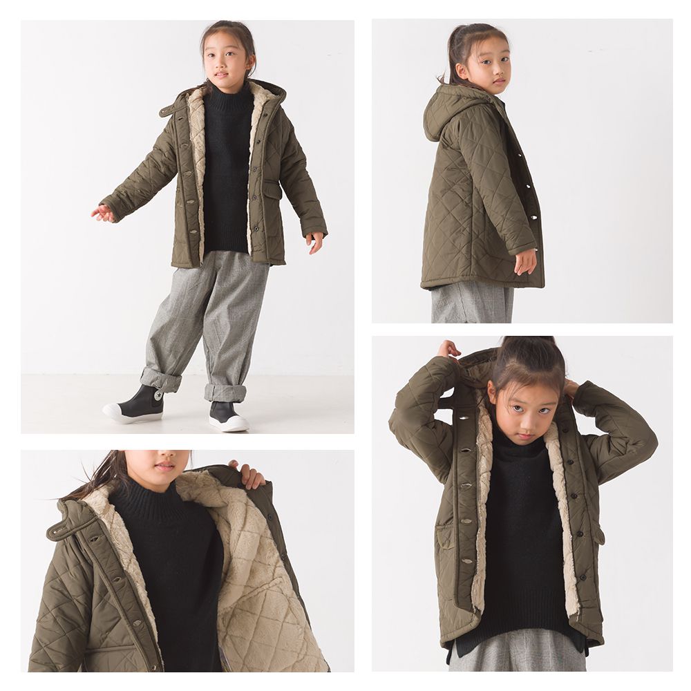 日本 OMNES - 絎縫厚刷毛保暖連帽外套(兒童)-卡其