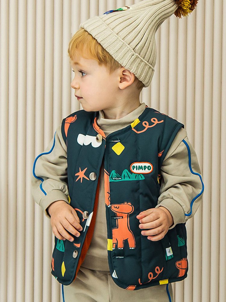 韓國Pimpollo - 手繪風自信恐龍保暖背心-灰